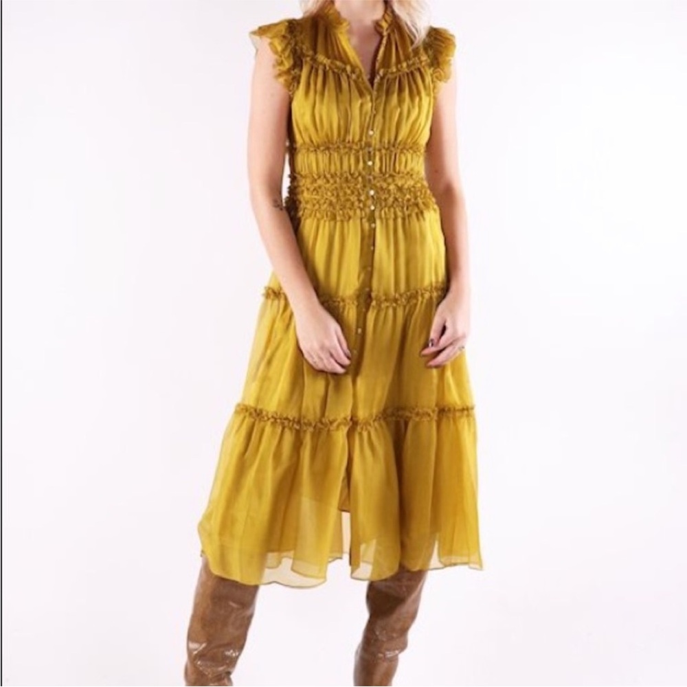 Ulla Johnson Tiered Ruffle Frilly Silk Dress Boho Mustard Yellow Size 2